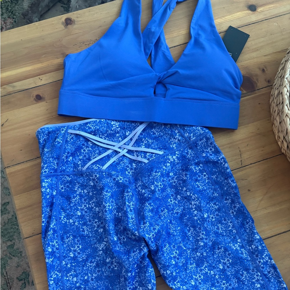 NWT Fabletics Blue Sports Bra and Floral Leggings Set